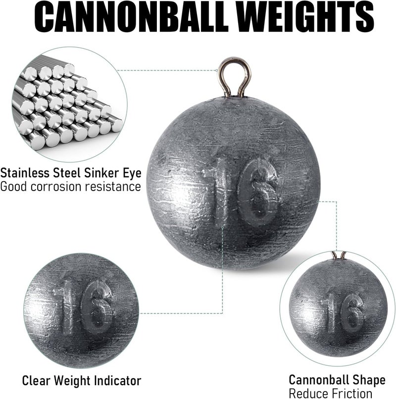 Dr.Fish Cannonball Sinkers Saltwater Lead Fishing Weights Round Ball Sinkers Trolling Downrigger Weights Bottom - Image 3